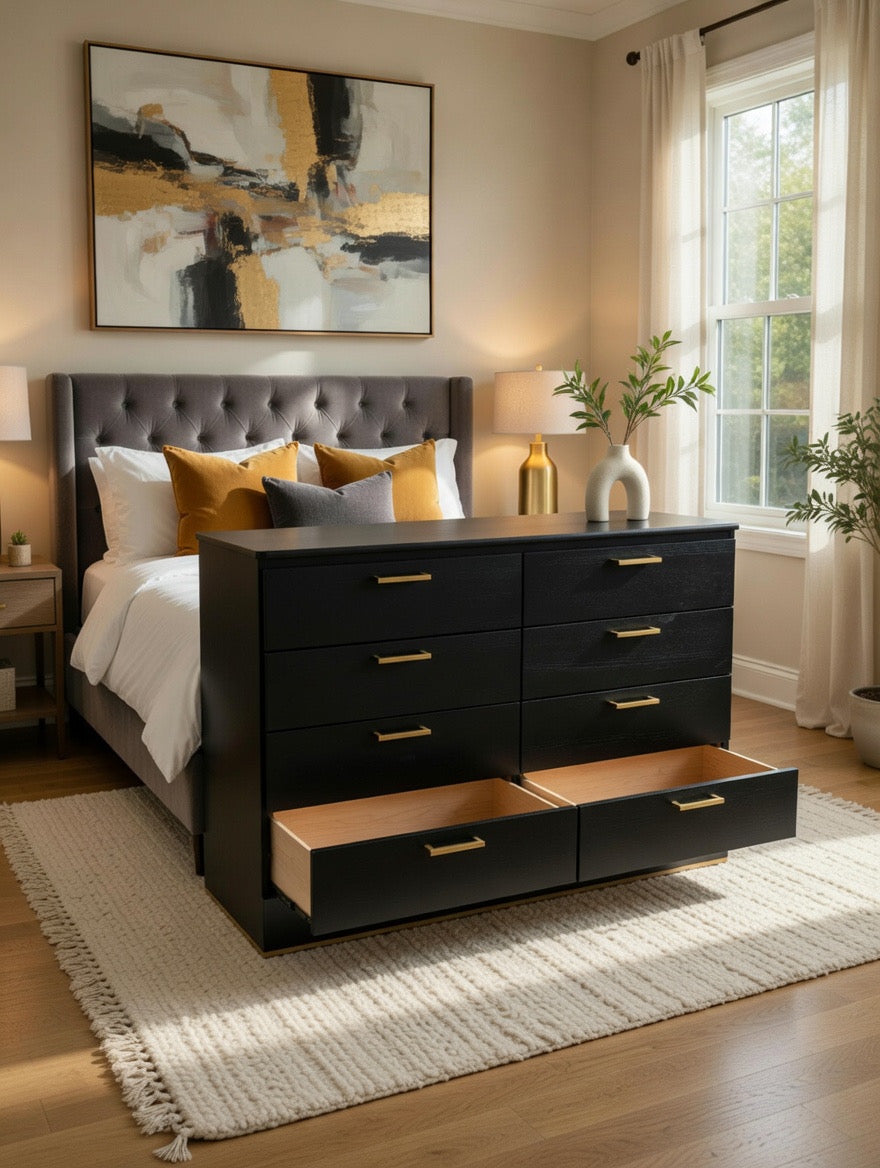 Modern Black 8-Drawer Dresser Matte Black with Gold Handles 🖤🌟