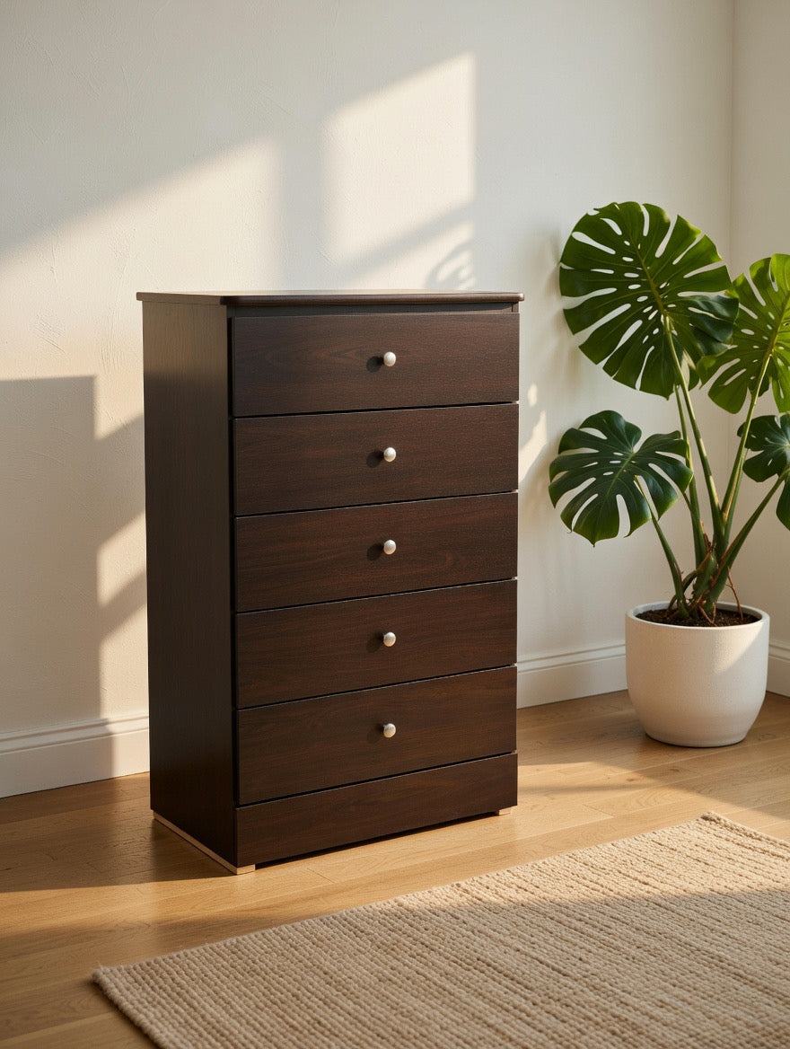 ☕️ Modern 5-Drawer Chest of Drawers - Espresso Finish - Tall Dresser Storage