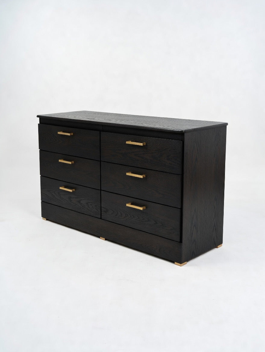 Modern Black Oak 6-Drawer Dresser | Minimalist Bedroom
Storage W Gold Handles