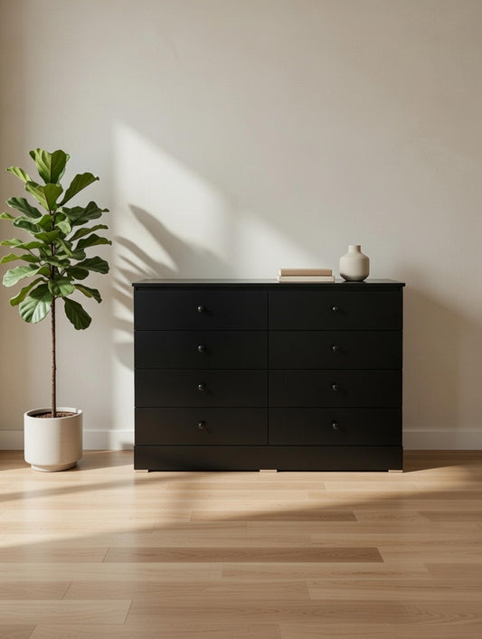 Modern Black 8-Drawer Dresser Black Knobs