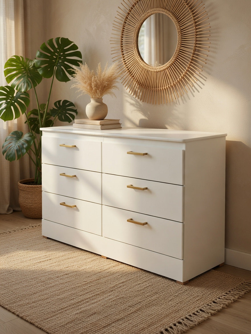 Modern White 6-Drawer Double Dresser with Gold Handles 🌟🤍