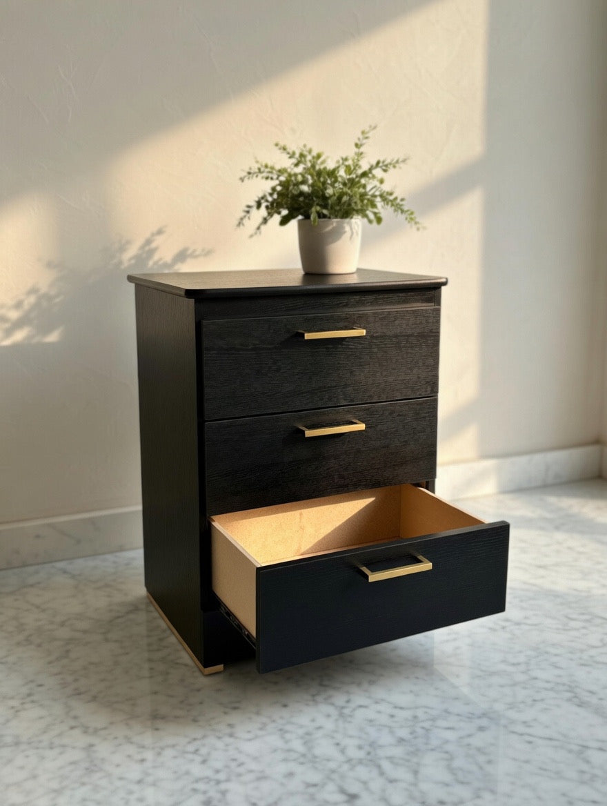 Modern Black Nightstand with Gold Accents - Sleek & Minimal