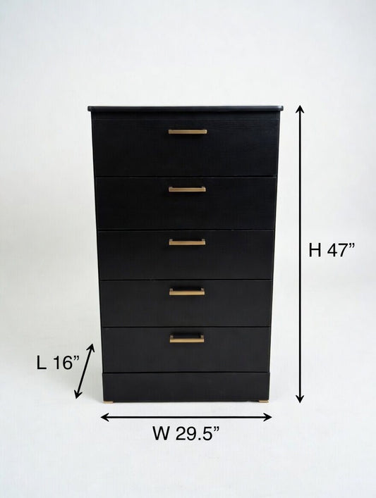 Modern Black 5-Drawer Dresser with Gold Handles 🌟