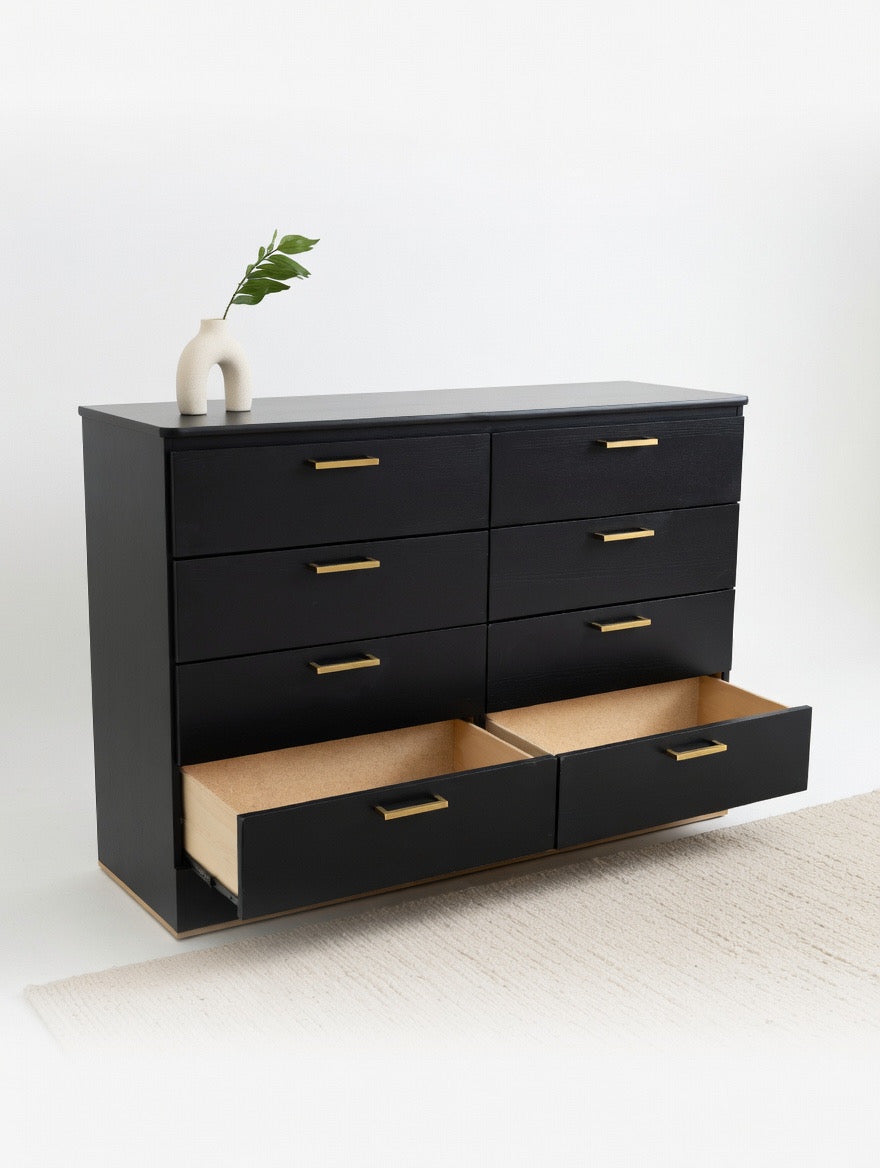 Modern Black 8-Drawer Dresser Matte Black with Gold Handles 🖤🌟