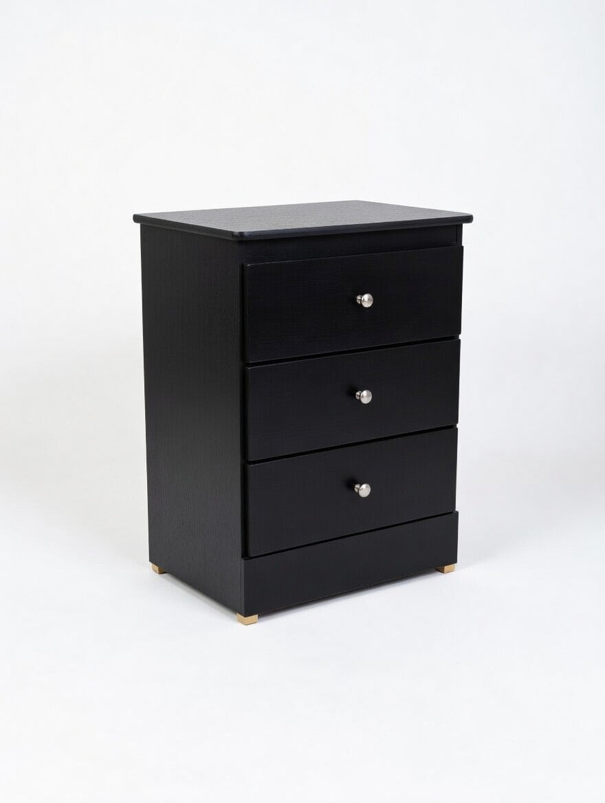 Midnight Modern 3-Drawer Chest – Sleek Black Wood Nightstand