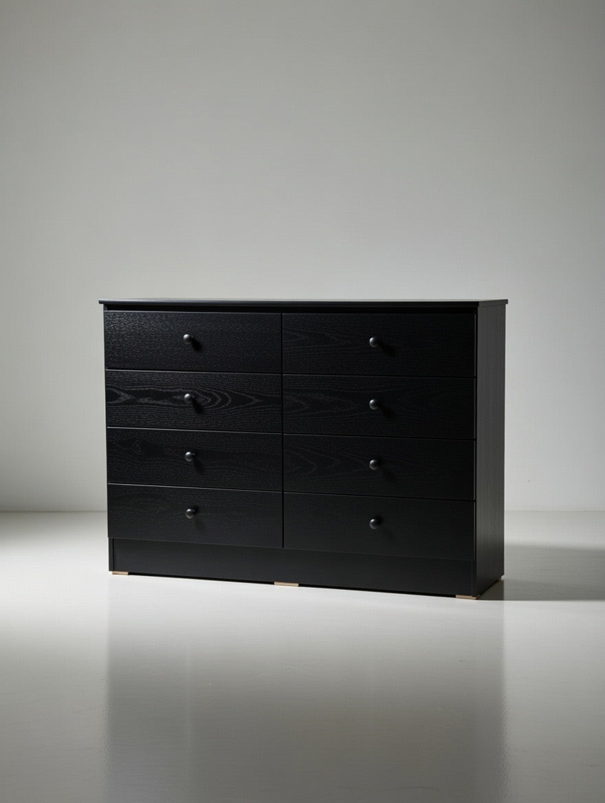 Modern Black 8-Drawer Dresser Black Knobs