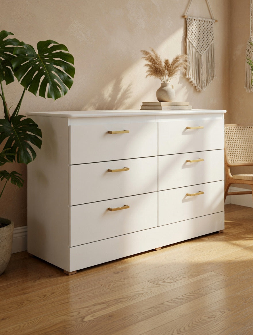 Modern White 6-Drawer Double Dresser with Gold Handles 🌟🤍