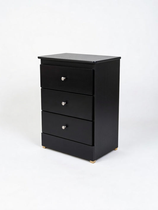 Midnight Modern 3-Drawer Chest – Sleek Black Wood Nightstand