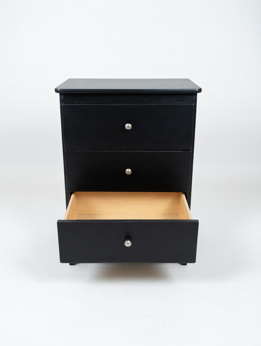 Midnight Modern 3-Drawer Chest – Sleek Black Wood Nightstand