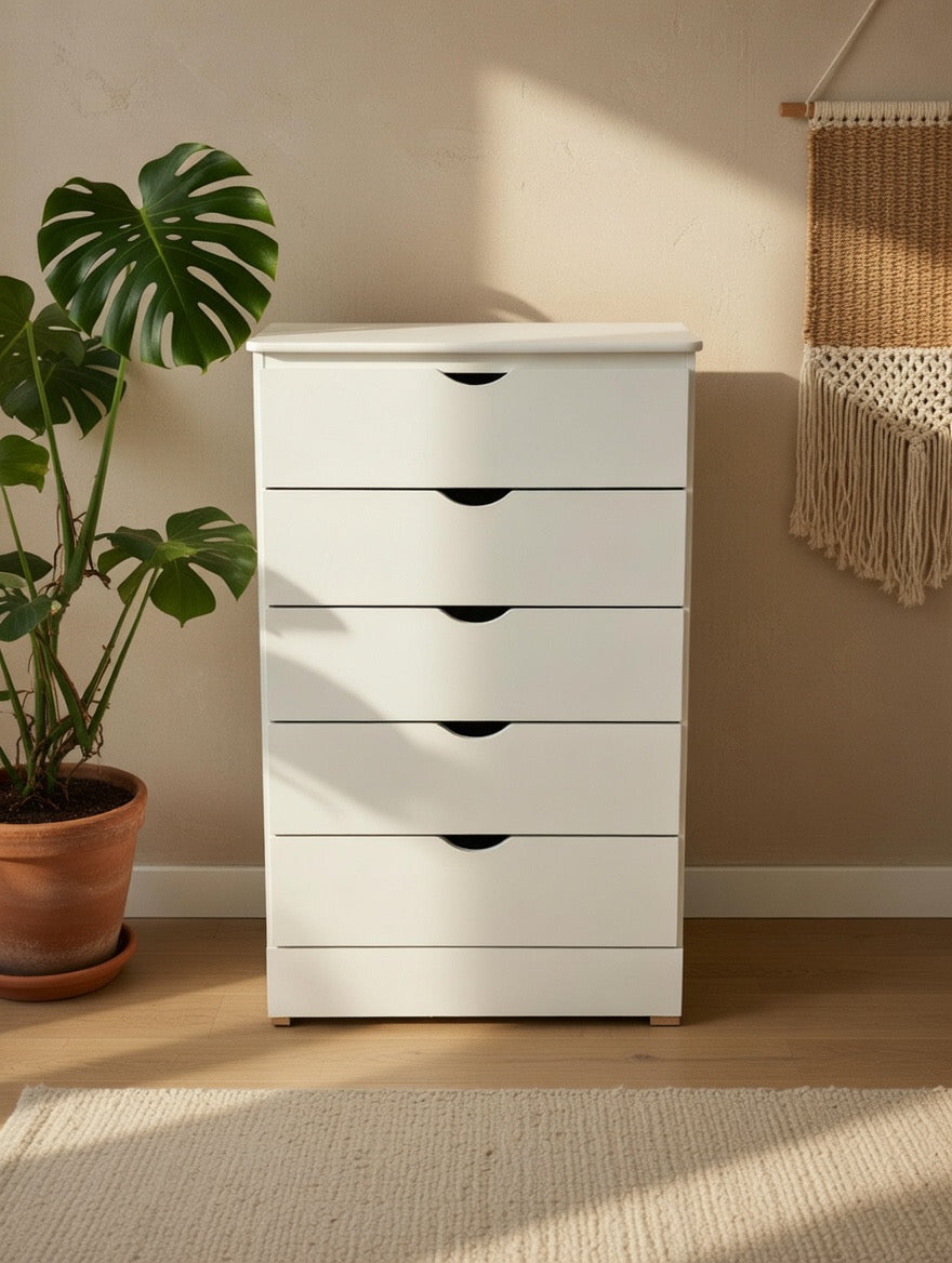Modern Minimalist White 5-Drawer Chest | Scandi Style Dresser