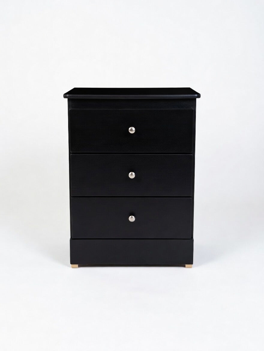 Midnight Modern 3-Drawer Chest – Sleek Black Wood Nightstand