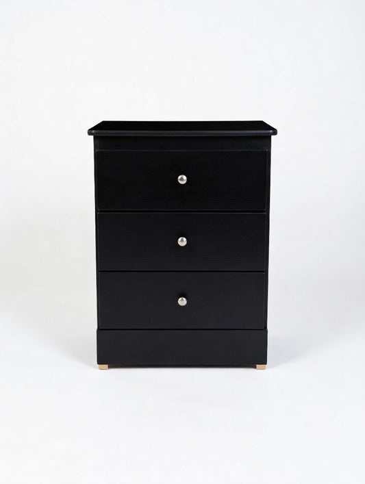 Midnight Modern 3-Drawer Chest – Sleek Black Wood Nightstand