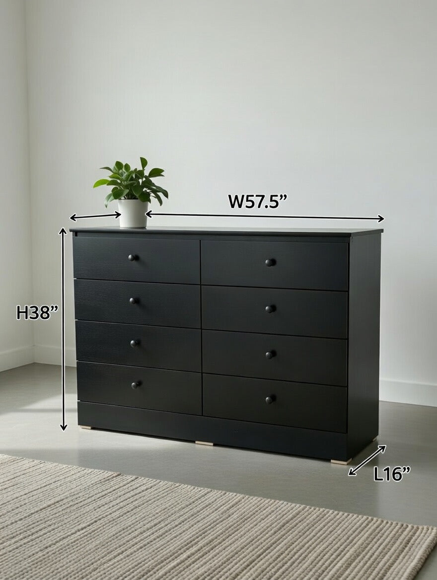 Modern Black 8-Drawer Dresser Black Knobs