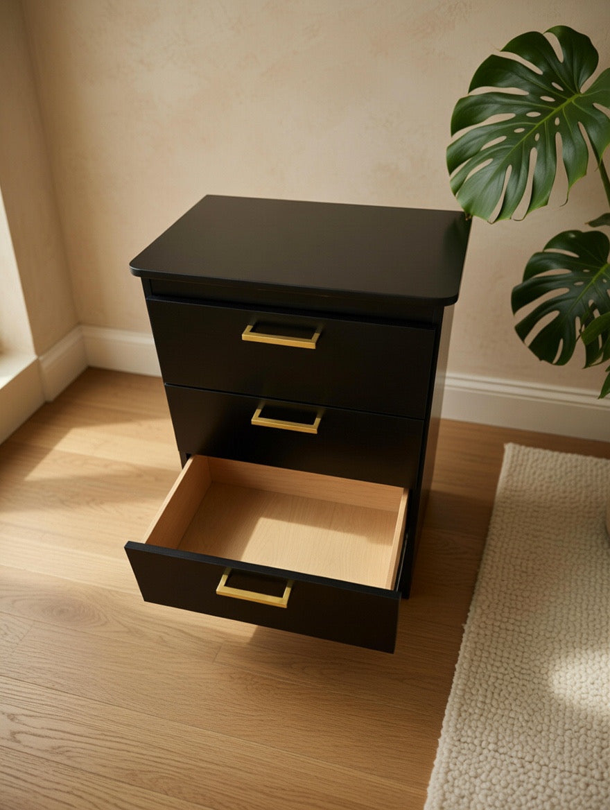 Modern Black Nightstand with Gold Accents - Sleek & Minimal