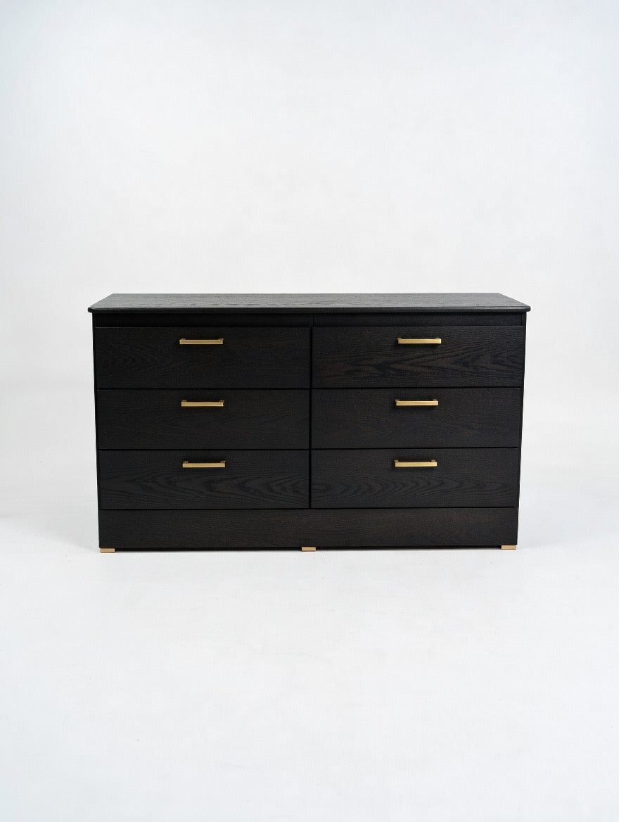 Modern Black Oak 6-Drawer Dresser | Minimalist Bedroom
Storage W Gold Handles
