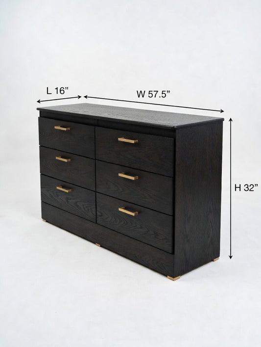 Modern Black Oak 6-Drawer Dresser | Minimalist Bedroom
Storage W Gold Handles