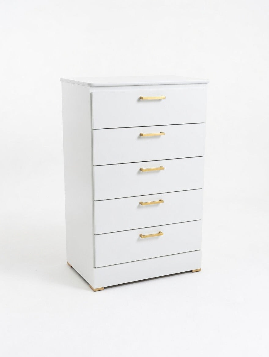 Modern White 5-Drawer Chest of Drawers W Gold Handles 🌟🤍
