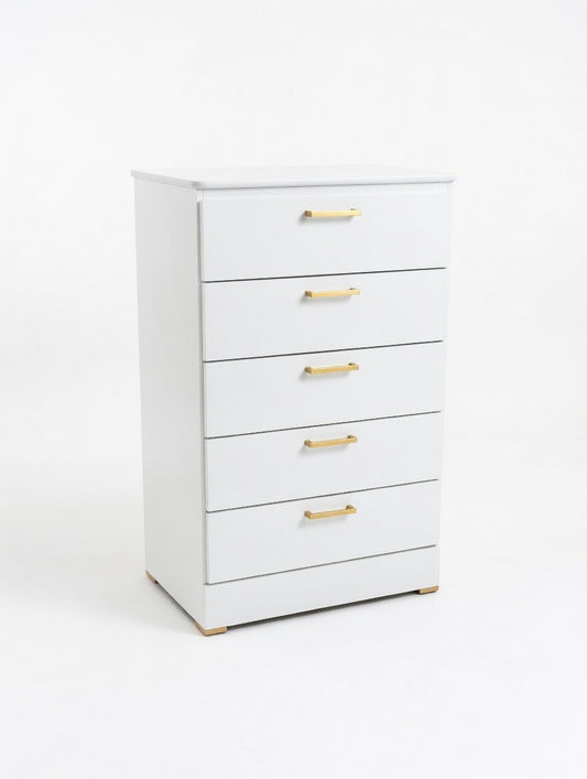 Modern White 5-Drawer Chest of Drawers W Gold Handles 🌟🤍
