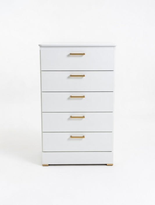 Modern White 5-Drawer Chest of Drawers W Gold Handles 🌟🤍