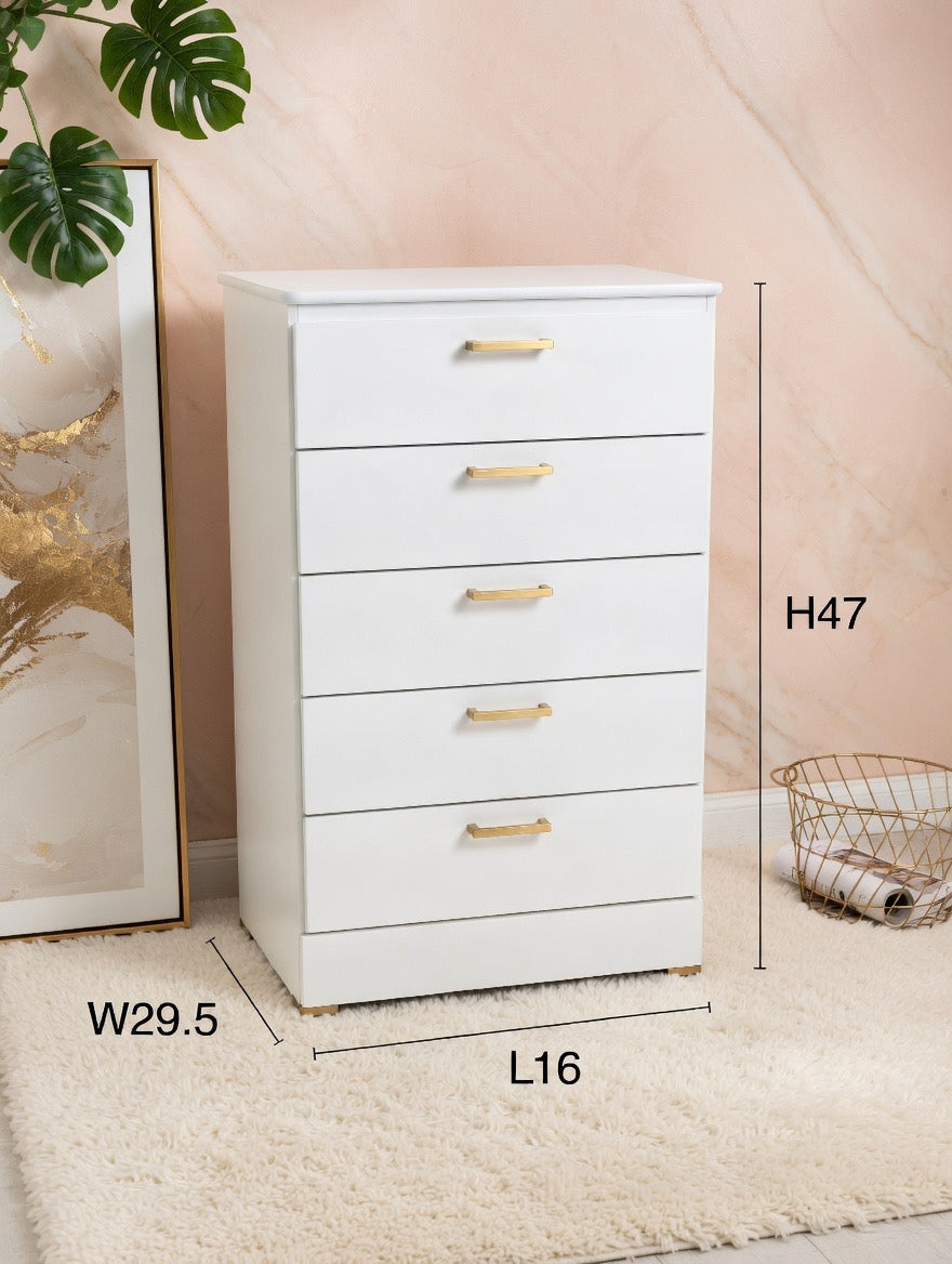 Modern White 5-Drawer Chest of Drawers W Gold Handles 🌟🤍