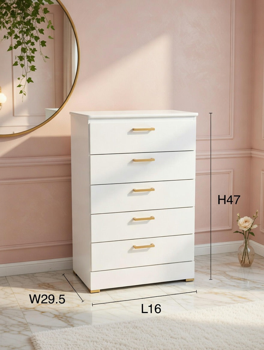 Modern White 5-Drawer Chest of Drawers W Gold Handles 🌟🤍